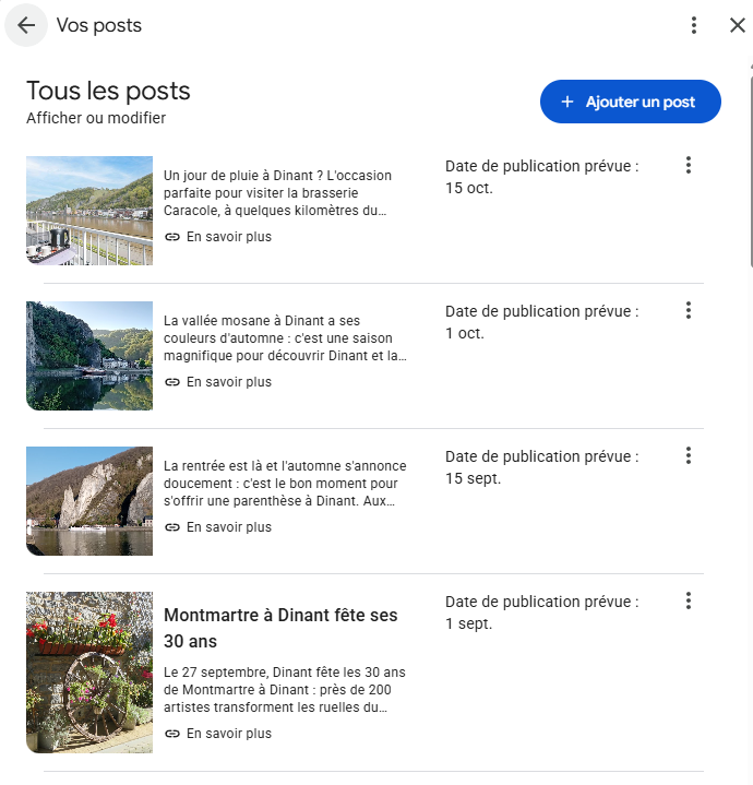 Quatre posts programmés sur la fiche Google d'un gîte à Dinant, datés de septembre à octobre.