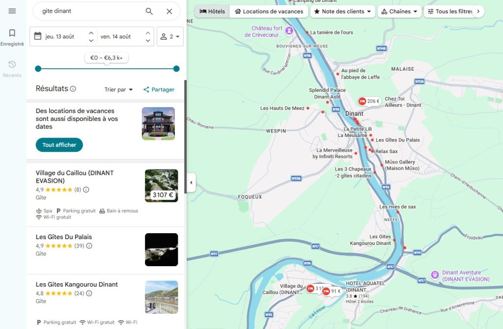 Recherche de gîte Dinant sur Google Maps