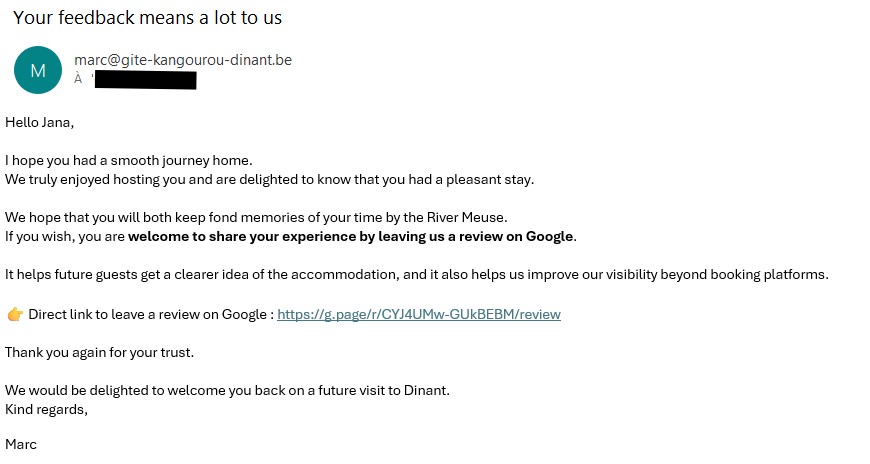 Exemple d'e-mail envoyé dès la fin du séjour pour obtenir un avis sur Google