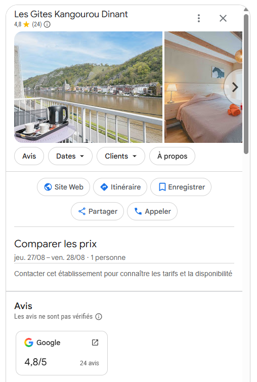 Fiche Google des Gîtes Kangourou à Dinant : l'encadré Comparer les prix n'affiche aucun tarif, seulement une invitation à contacter l'établissement