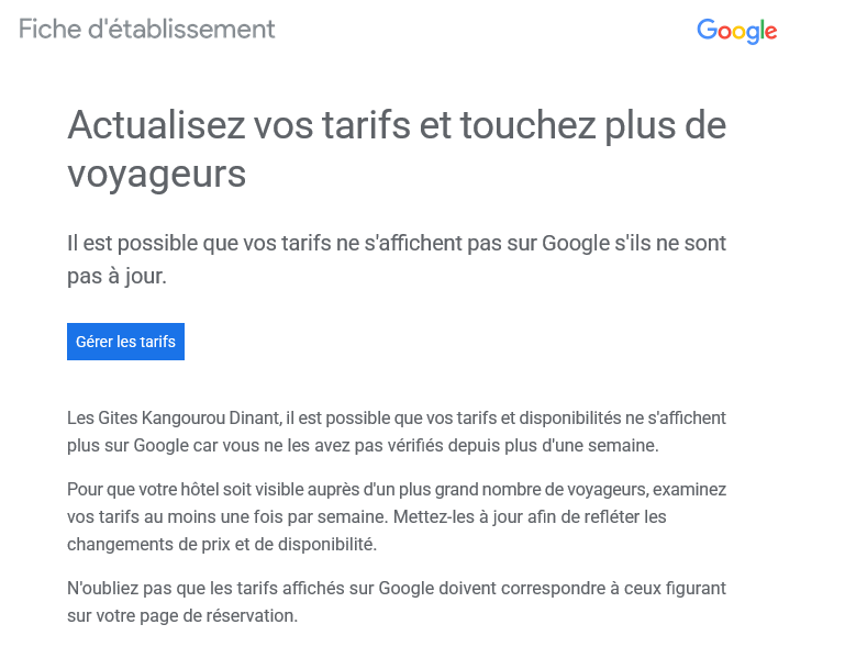E-mail de Google intitulé Actualisez vos tarifs et touchez plus de voyageurs, reçu le 1er avril 2026 alors que le champ tarifs n'existait plus sur ma fiche