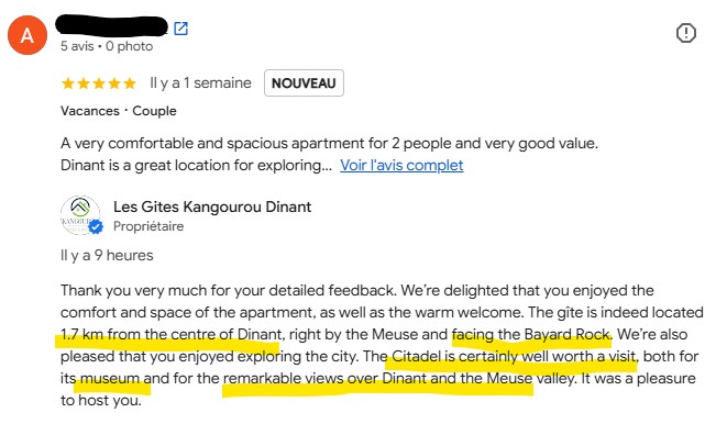 Avis Google en anglais d'un voyageur et réponse du propriétaire des Gîtes Kangourou