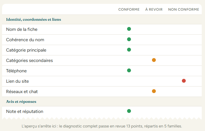 Extrait du tableau de synthèse du diagnostic de fiche Google
