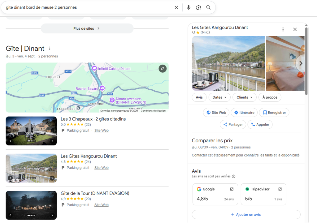 Résultats de recherche Google pour « gîte Dinant bord de Meuse 2 personnes » : le pack local présente trois fiches de gîtes avec leur note et un lien Site Web, dont celle des Gîtes Kangourou Dinant (4,8 sur 24 avis) ; à droite, le panneau détaillé de cette fiche.