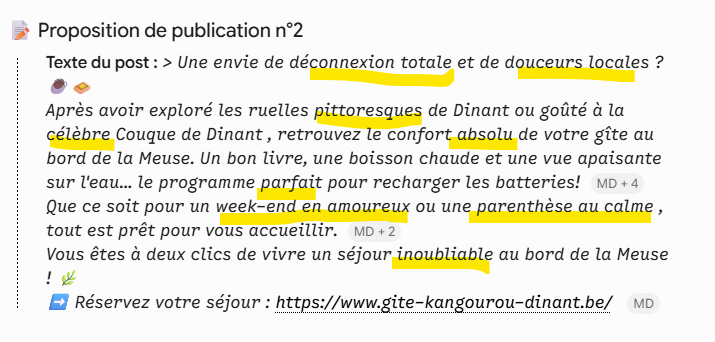 Post proposé par l'IA sans cadrage : un texte rempli de formules toutes faites, surlignées, « déconnexion totale », « recharger les batteries », « séjour inoubliable », qui conviendraient à n'importe quel hébergement.